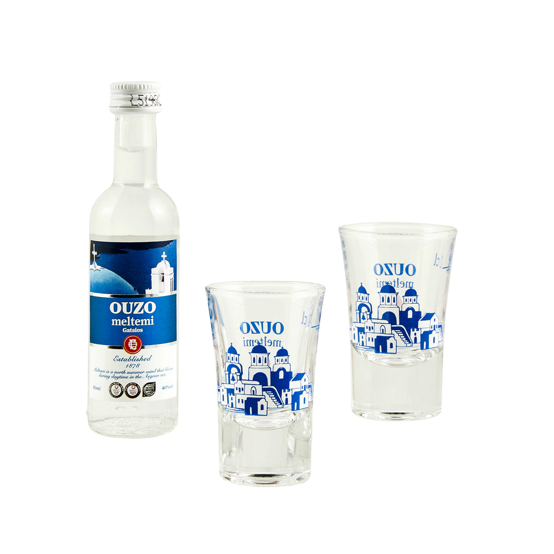 Ouzo Meltemi mit zwei Gläsern Gatsios 0,05