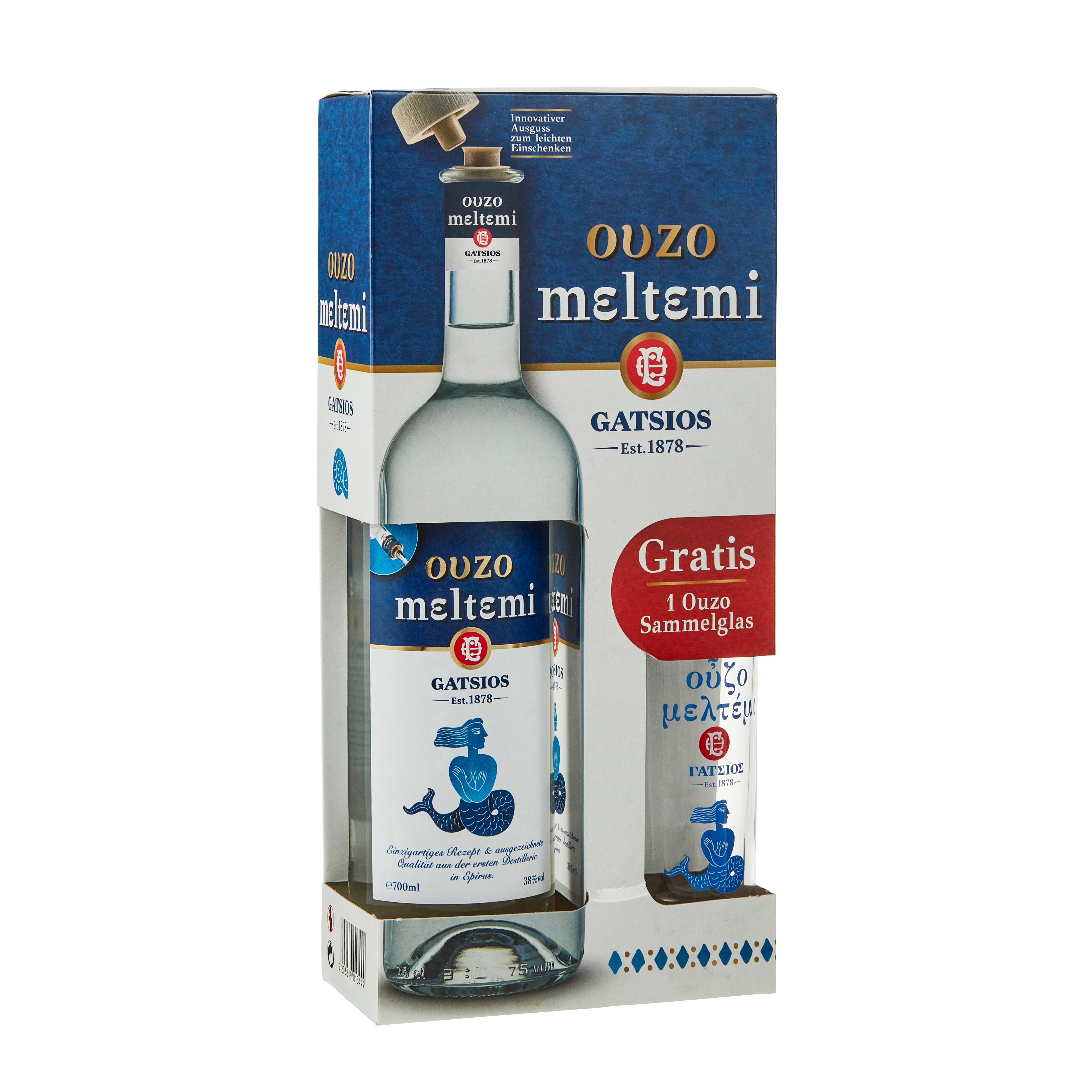 Ouzo Meltemi mit einem Glas Gatsios 0,7 l 40% Vol.