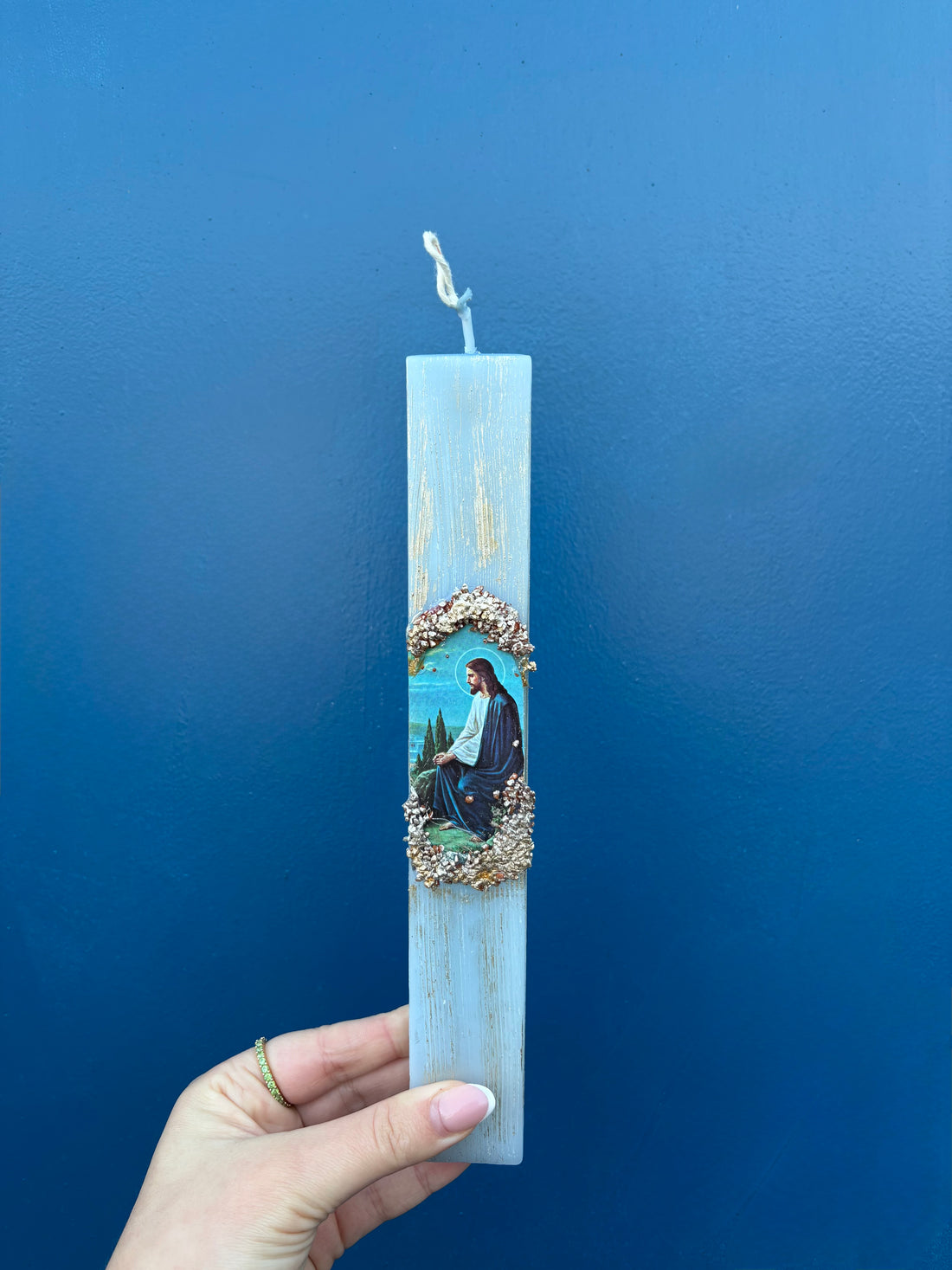 Osterkerze Jesus Christus (Hellblau Plake)