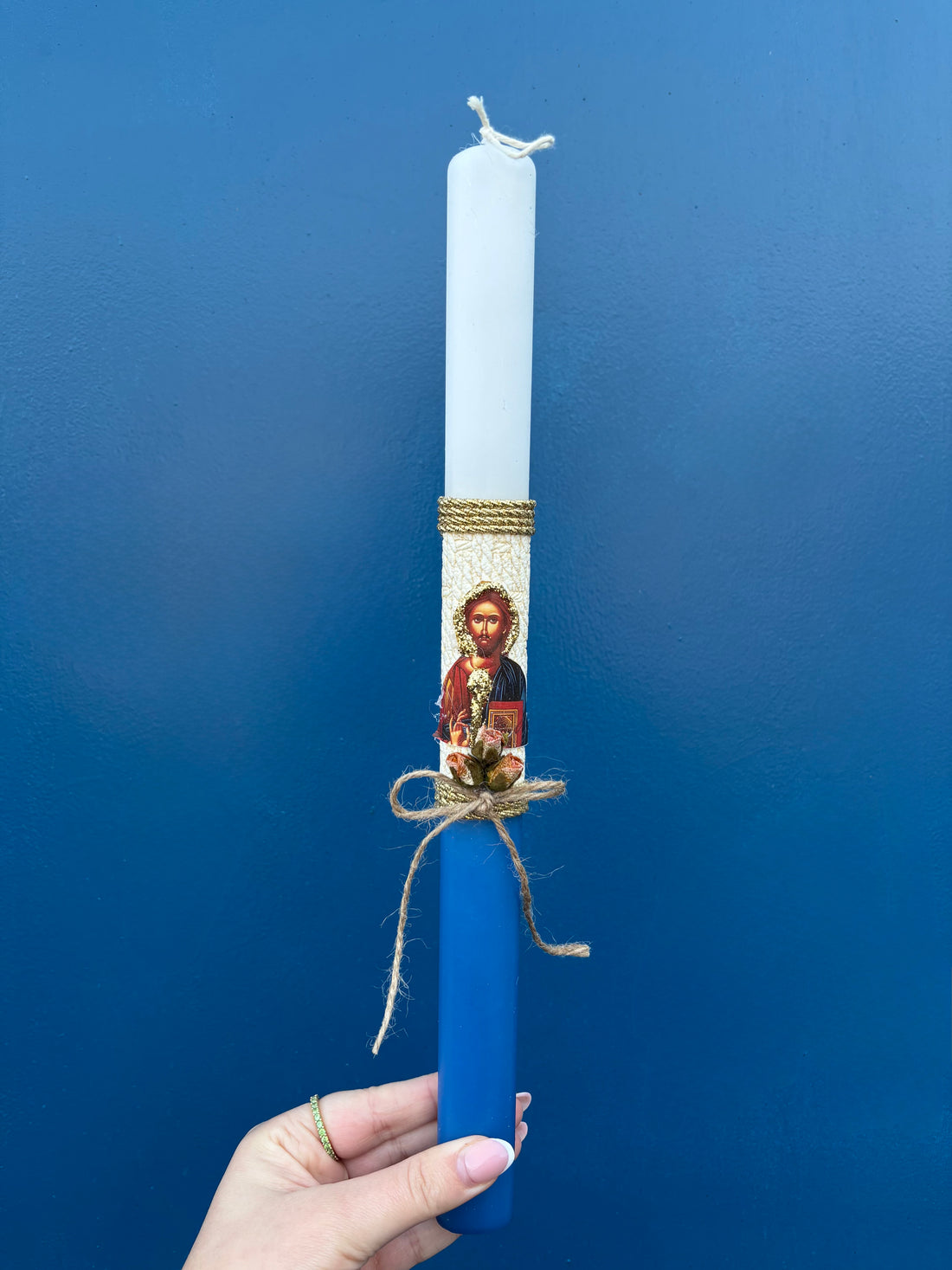 Osterkerze Jesus Christus (Blau Oval)