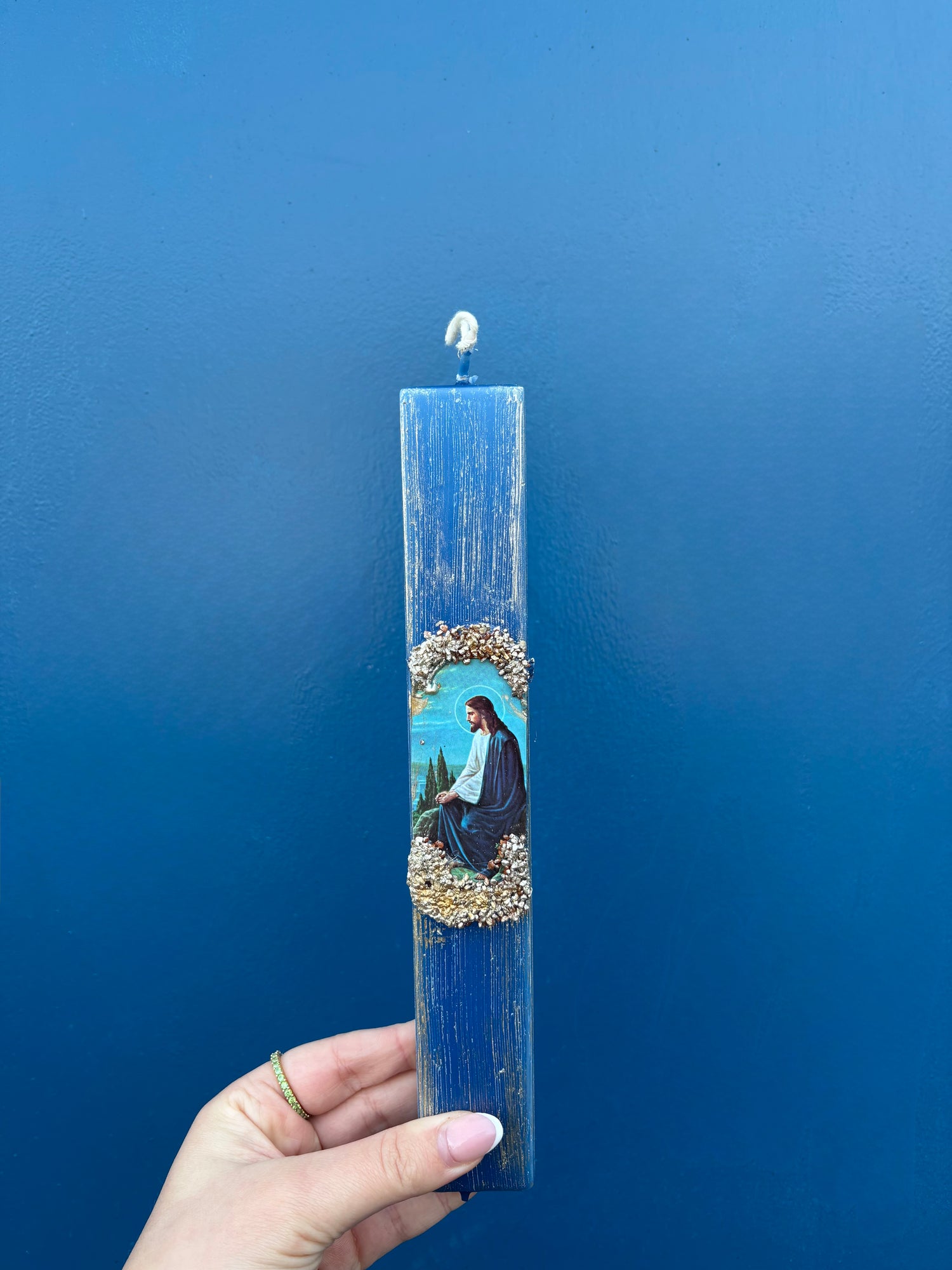 Osterkerze Jesus Christus (Blau Plake)